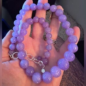 Vintage Carved lavender Jadite Necklace 925 silver stamped